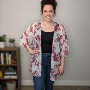 Floral Sheer Women's Cardigan - Pink and White